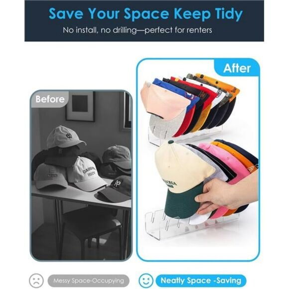 Clear Acrylic Hat Stand Organizer 2 Pack Baseball Cap Rack Holds 14 Hats - Picture 3 of 7